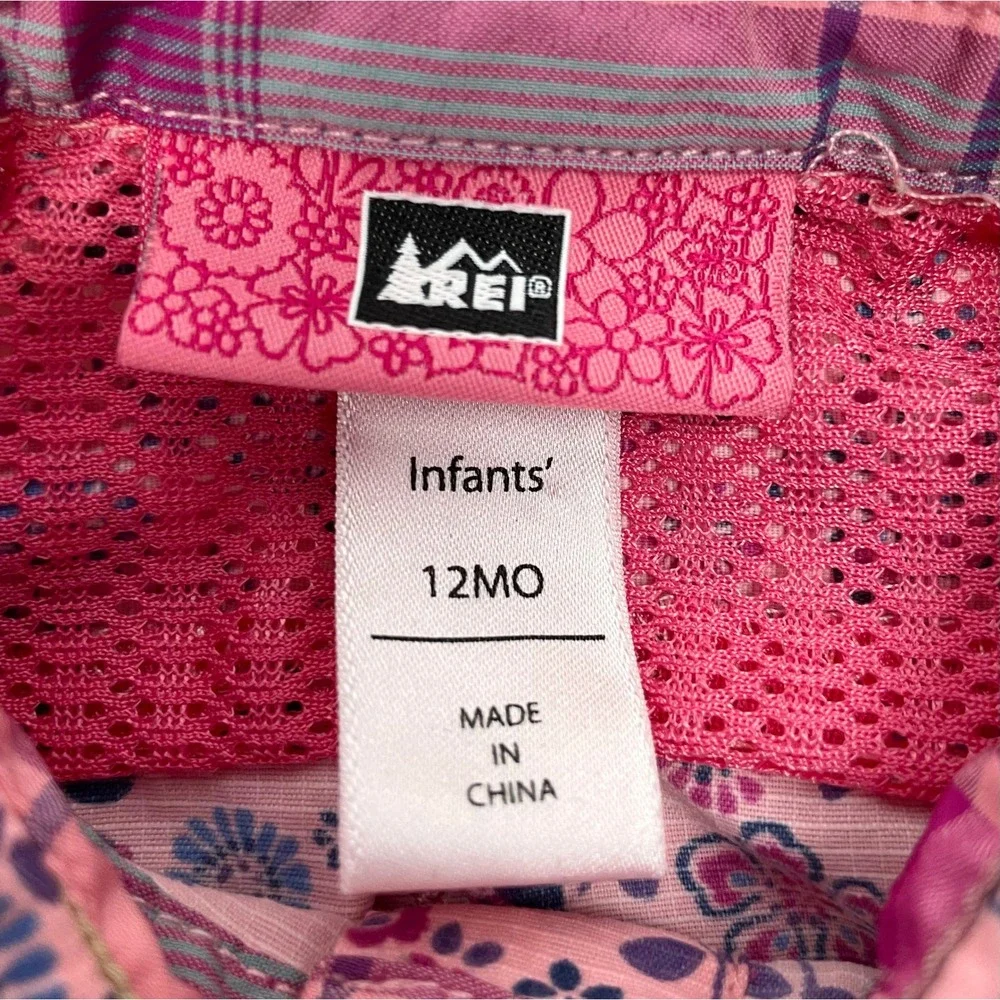 REI Infant Girl 12m Pink Long Sleeve Snap Shirt Vented Floral Nylon Outdoor